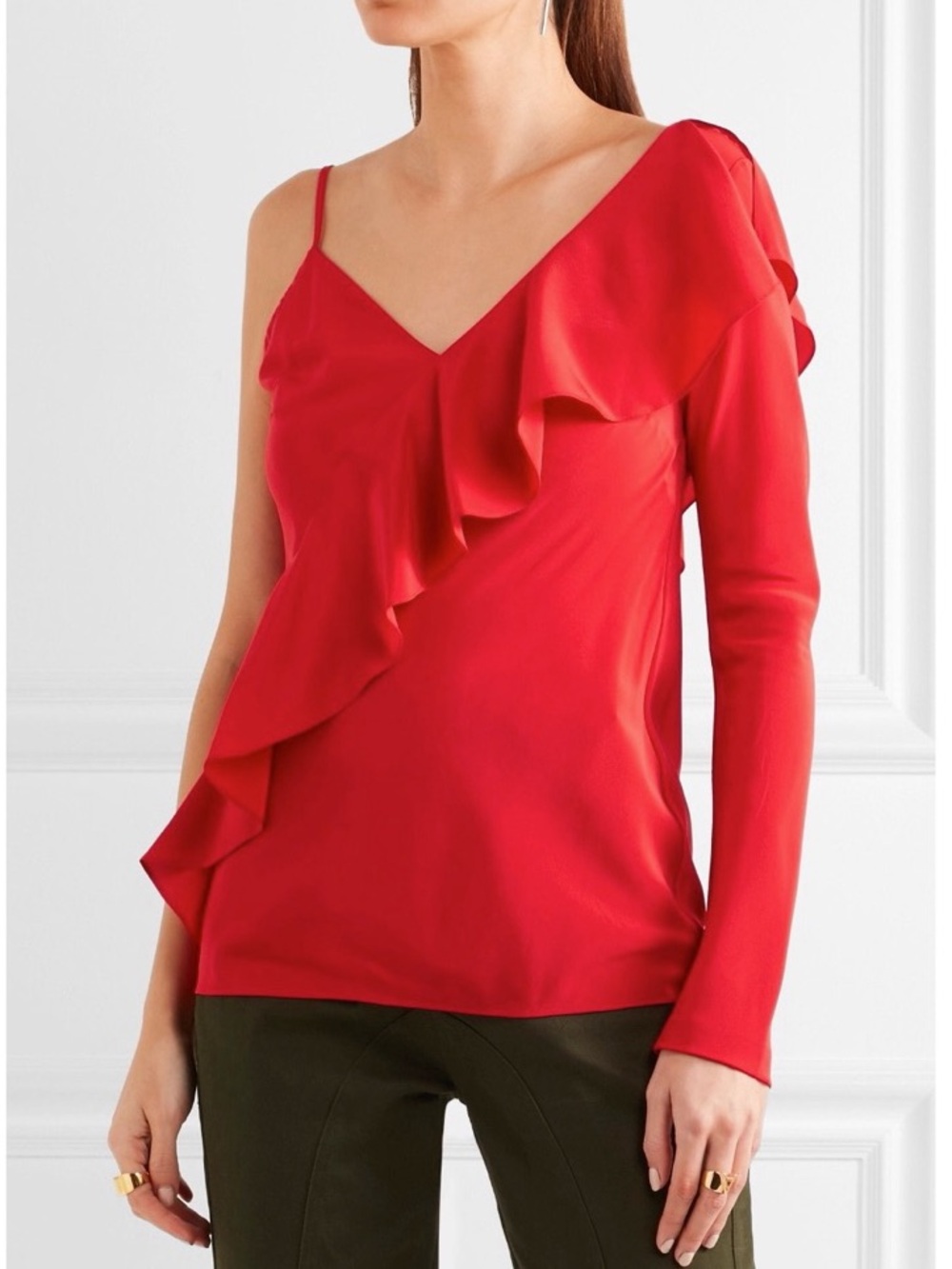 Diane Von Furstenberg DVF Sz 8 Red Silk Ruffle One Shoulder Blouse